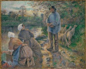 Berger et lavandières (peinture sur toile) - Camille Pissarro
