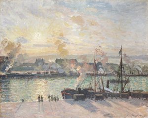 Coucher de soleil, le port de Rouen, bateaux à vapeur - Camille Pissarro