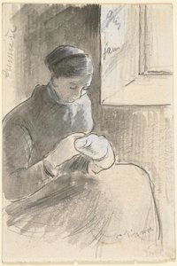 Le raccommodeur, vers 1881 (plume et encre noire, pinceau et lavis gris sur graphite rehaussé de gouache blanche) - Camille Pissarro