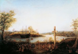 Jacques Cartier (1491-1557) érigeant une croix à Stadacona où se trouve maintenant la ville de Québec