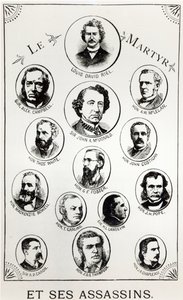Louis Riel (1844-85) et ses assassins, illustration du Gibet de Regina, publiée en 1886 - Canadian School