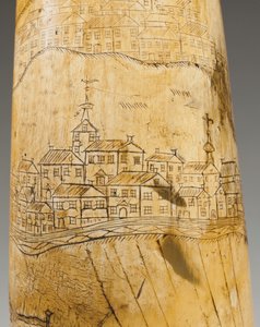 Corne à poudre, gravée avec une carte du fleuve Saint-Laurent dans la région de Québec, vers 1759