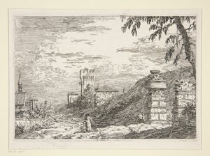 Paysage avec tour et deux piliers en ruine, de la série Vedute - Canaletto (Giovanni Antonio Canal)