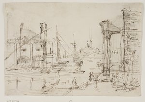 Capriccio avec des ruines classiques sur un quai, une maison de bateaux, deux galères, deux mâts d