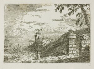 Paysage avec tour et deux piliers en ruine, de Vedute - Canaletto