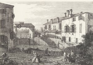Les Écluses à Dolo, un bassin ovale avec des bateaux au centre, des bâtiments de chaque côté,..., 1735-46 - Canaletto