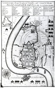 Londonderry assiégé par le général Hamilton et Conrad de Rosen, gravé par J. Sturt, 1689