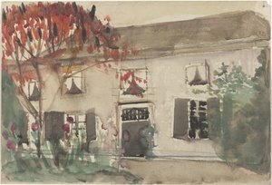 Maison avec jardin et arbre rouge