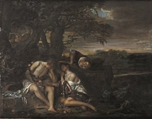 Un couple endormi, découvert par trois femmes dans un paysage arcadien - Carel De Moor II (attr. to)