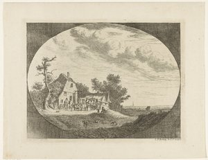 Paysage avec auberge et chevaux et chariots au repos et cavaliers
