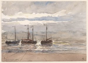 Bateaux de pêche sur la plage de Katwijk à marée montante - Carel Nicolaas Storm van 