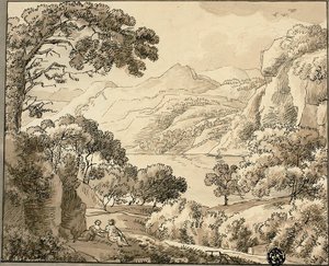 Lac de montagne avec deux personnages