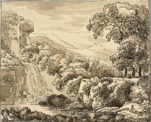 Paysage de montagne avec cascade et personnages