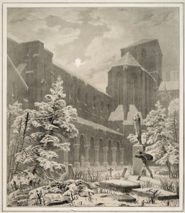 Église et cimetière dans la neige au clair de lune - Carl Blechen