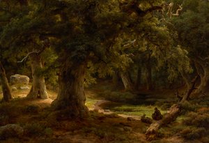 Forêt de chênes avec chasseur au repos