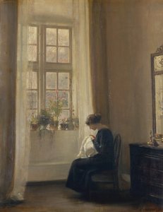 Une fille cousant dans un intérieur - Carl Holsoe