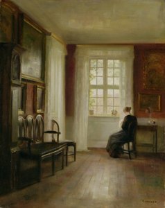 Intérieur avec femme cousant
