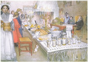 La veille de Noël, la grande table dans le grand hall est absolument couverte de nourriture - Carl Larsson