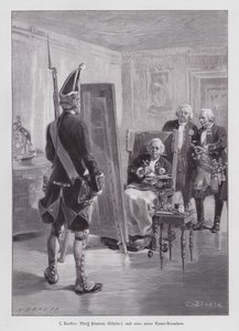 Le roi Frédéric-Guillaume Ier de Prusse peignant un grenadier de sa Garde géante de Potsdam (gravure) - Carl Ludwig Friedrich (after) Becker