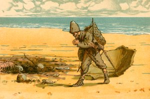 Robinson Crusoé voit la plage jonchée de crânes humains et d
