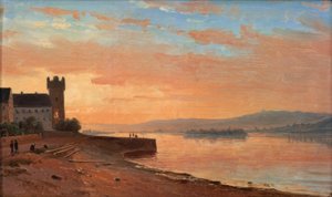 Lever de soleil sur le Rhin près de Rüdesheim avec la tour de l