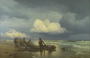 Pêcheurs tirant des filets sur la plage nord de Skagen