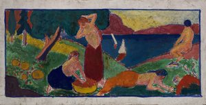 Femmes dans un paysage avec bordure bleue