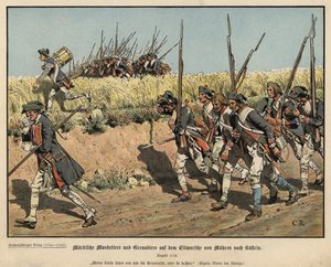 Mousquetaires et grenadiers prussiens en marche de Mahren à Kustrin