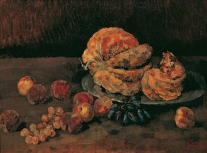 Nature morte avec citrouille, pêche et raisins