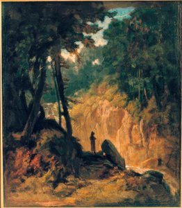 Paysage boisé avec cascade, au bord avec capucin - Carl Spitzweg
