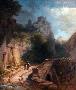 Paysage de montagne avec pont et château