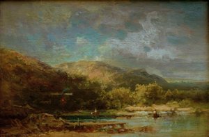 Cabane au bord du lac avec des figures