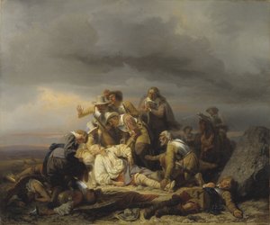 La découverte du corps du roi Gustave II Adolphe de Suède (1594-1632) dit le Grand ou le Lion du Nord, mort à la bataille de Lutzen, par Carl Wahlbom