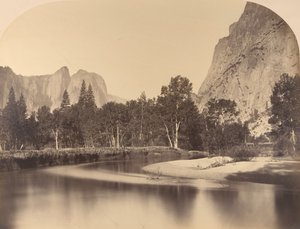 Vue de la rivière, en bas de la vallée, Cathedral Rock à gauche, 1861, Yosemite - Carleton Emmons Watkins