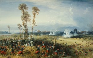 La guerre en Italie : La bataille de Palestro, le roi de Sardaigne à la tête des troupes, 1859