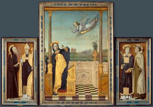 Annonciation, Saints Benoît et Augustin, Saints Étienne et Angélus (peinture sur bois)