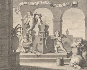 Elle cueille la plus belle fleur Il piu bel fior ne coglie, un groupe de six putti travaillant..., 1740-59