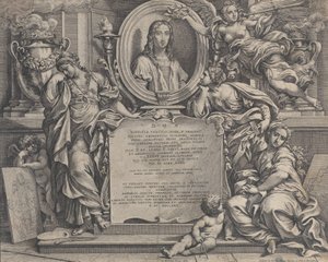 Frontispice avec portrait ovale de Raphaël, avec trois figures allégoriques des Arts, 1675