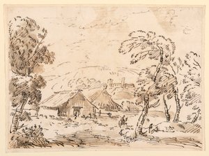 Dessin, Une maison de paysan et un château dans une campagne montagneuse, 1762-1786 - Carlo Marchionni