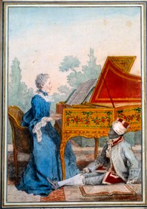 Portrait de Mademoiselle Desgots de Saint-Domingue au clavecin et de son esclave Laurent Aquarelle par Louis Carrogis Carmontelle - Carmontelle