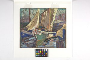 Bateaux de pêche au port (gouache sur papier brun) - Carolyn Bradley