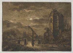 Paysage avec pont basculant et ruine au clair de lune
