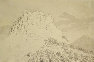 Sommet rocheux avec une colline boisée devant - Caspar David Friedrich