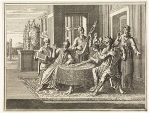 David est assis à une table et joue de la harpe - Caspar Luyken