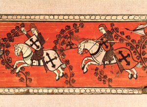 Chevaliers portant des drapeaux. Tempera sur bois de la décoration d