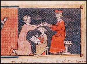 Le Procureur royal, le Scribe et le Seigneur féodal, du Capbreu de Clayra et de Millas 1292 - Catalan School