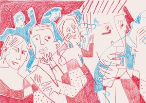 Des figures expressives en rouge et bleu