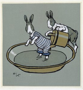 Lapins prenant un bain - dans « Merry Party », ill. par Cécil Aldin, éd. Hodder & Stoughton, Londres - Cecil Charles Windsor Aldin