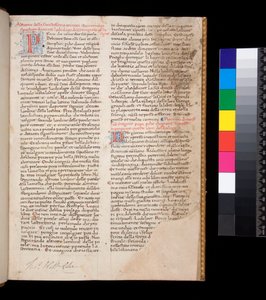 Ms 148. Grégoire le Grand, Dialogues en traduction italienne par Domenico Cavalca, f.1r Lettres décorées [P] et [D] en rouge avec décoration au trait en bleu