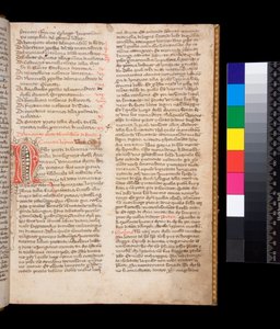 Ms 148. Grégoire le Grand, Dialogi en traduction italienne par Domenico Cavalca, f.2r Initiale décorée [N] en encre rouge avec ornementation à la plume en encre brune